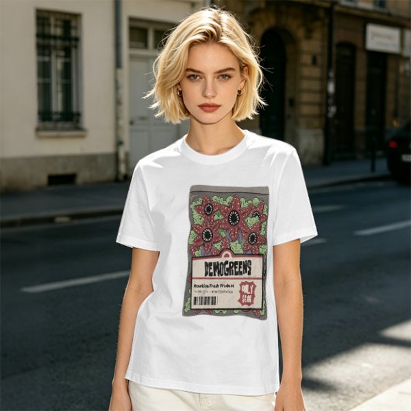 Olive Green T-Shirt With Demogorgon Vegetable Packet Print