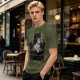 Olive Green T-Shirt With Cat In Armchair Graphic Print