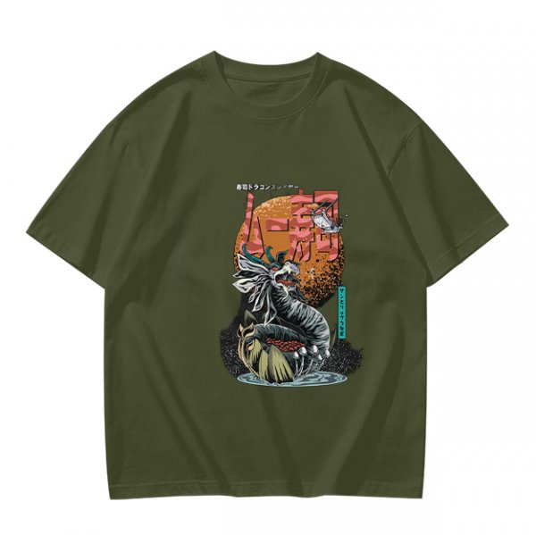 Olive T-Shirt with Japanese Dragon and Sun Graphic Print