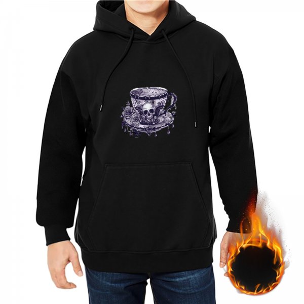 Black Hoodie With Gothic Teacup Skull And Rose Print