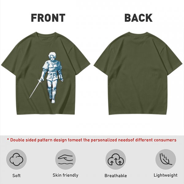 Olive T-shirt with Walking Swordsman Graphic Print