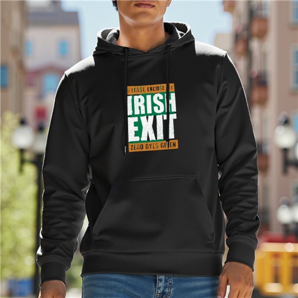 Black hoodie with 'Irish Exit Zero Eyes Given' graphic print