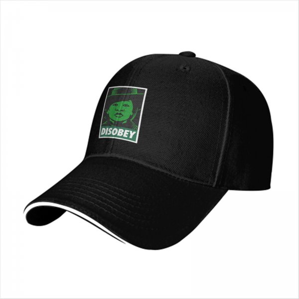 Black baseball cap with green 'DISOBEY' portrait graphic