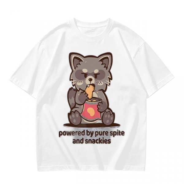 Olive t-shirt with a raccoon eating snacks and 'powered by pure spite and snackies' text