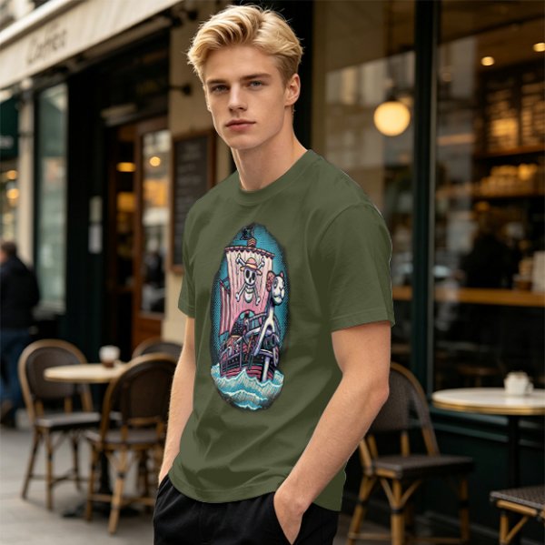 Olive T-shirt with One Piece Thousand Sunny Pirate Ship Print