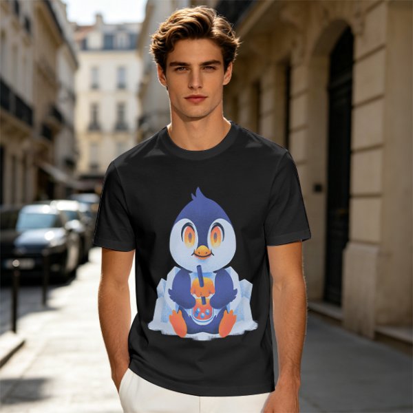 Olive T-shirt with Cute Penguin Drinking Boba Tea Print