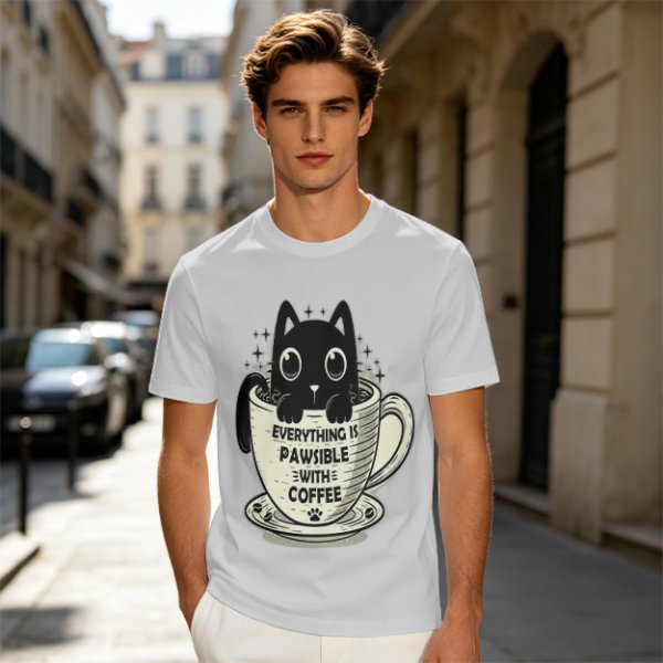 Olive T-Shirt With Black Cat In Coffee Cup 'Everything Is Pawsible With Coffee' Print
