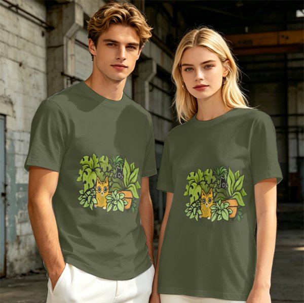 Olive T-Shirt With Playful Cat And House Plants Graphic