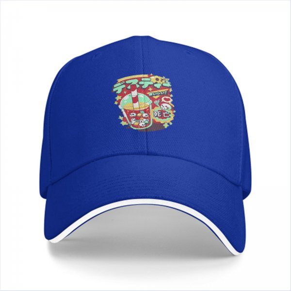 Black baseball cap with spooky drink graphic and Japanese text