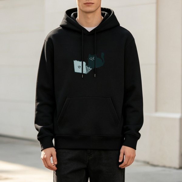 Black Hoodie with Cute Cat Using Laptop Graphic
