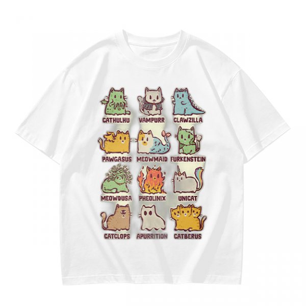 Olive green t-shirt with cute mythical monster cat graphic prints