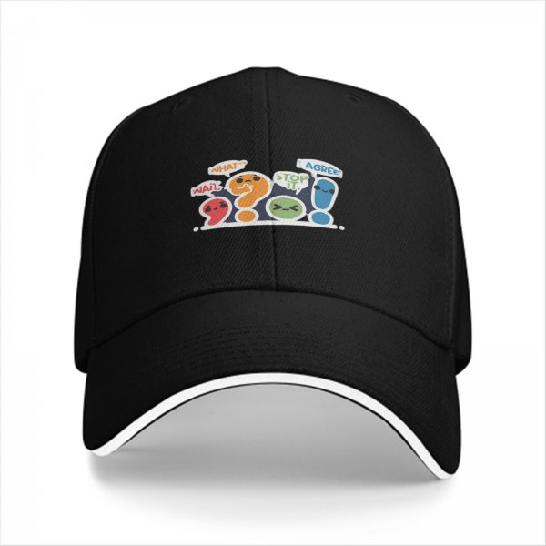Black baseball cap with cute punctuation characters and speech bubbles