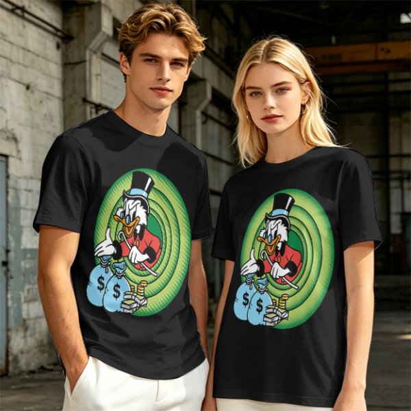 Olive T-Shirt Featuring Scrooge McDuck with Money Bags and Coins