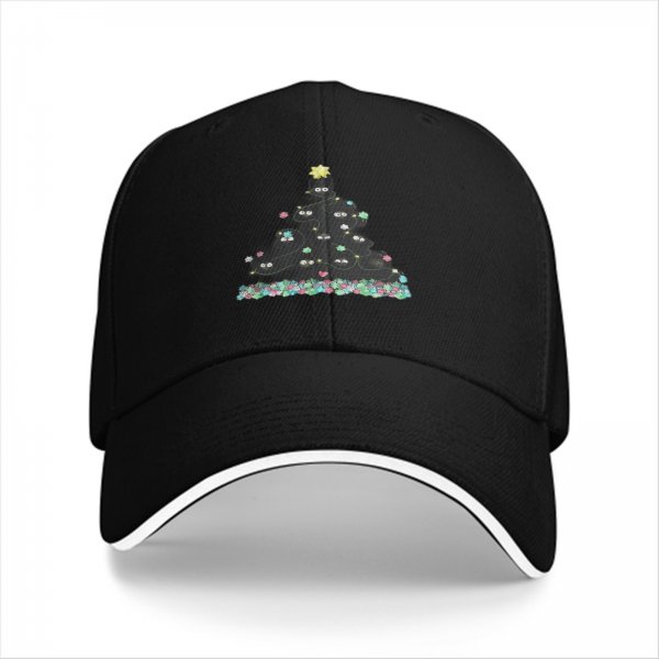Black Baseball Cap With Cute Soot Sprite Christmas Tree Design