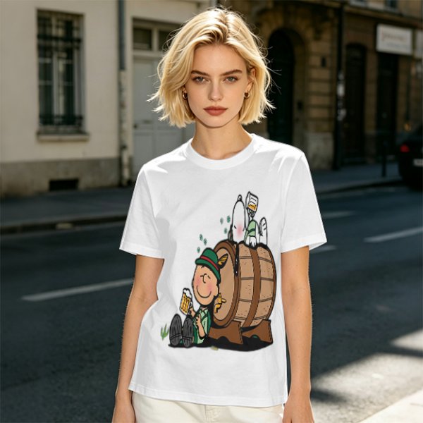 Olive T-Shirt with Charlie Brown and Snoopy at Oktoberfest Beer Barrel