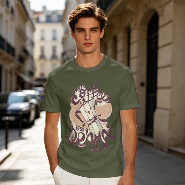 Olive t-shirt with 'More Coffee Less Drama' and moka pot graphic
