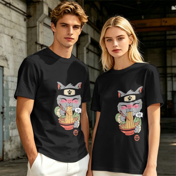 Olive green t-shirt with a ninja cat eating ramen graphic
