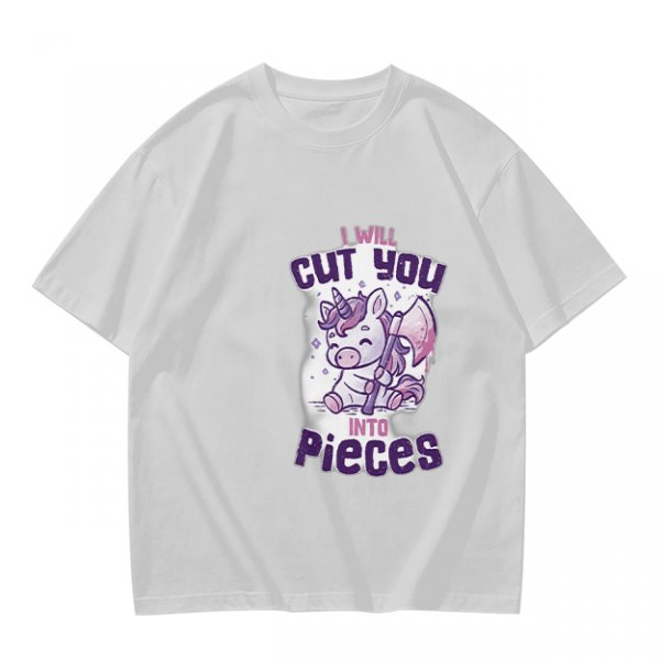 Olive t-shirt with a cute unicorn holding an axe and the text I will cut you into pieces