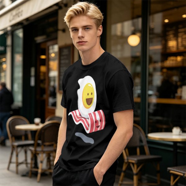 Olive T-Shirt With Happy Fried Egg And Bacon Graphic Print