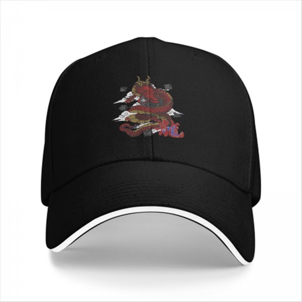 Black baseball cap with red dragon and cloud graphic design
