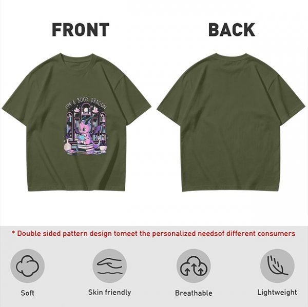 Olive t-shirt with cute book dragon reading design