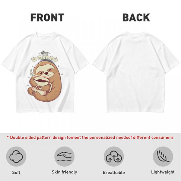 Olive green sloth t-shirt with 'Busy Doing' coffee graphic