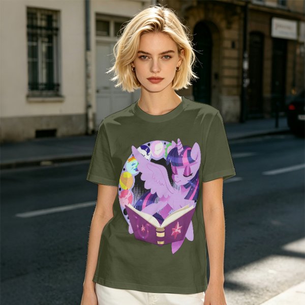 Olive T-shirt with Twilight Sparkle reading a magical book