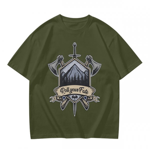 Olive T-Shirt With Viking Mountain Axe Sword 'Roll Your Fate' Print