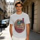 Olive T-shirt with Samurai Cat Surfing Ramen Bowl Art
