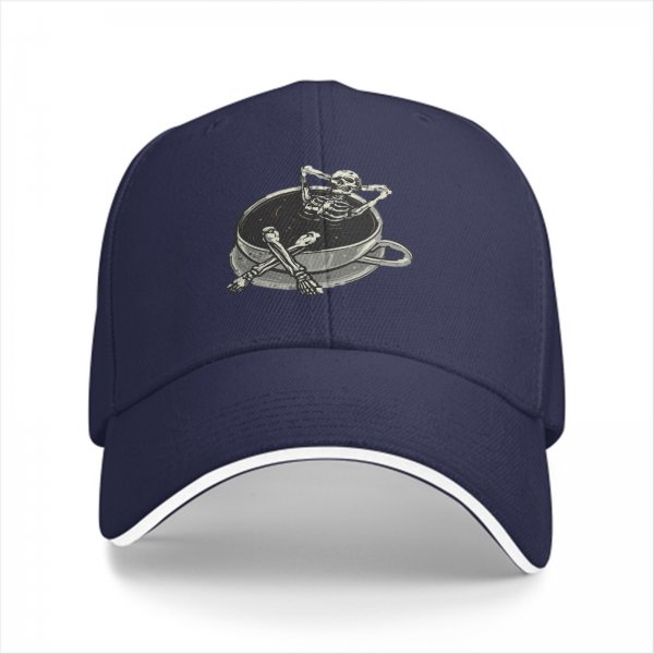 Black baseball cap with skeleton relaxing in coffee cup graphic