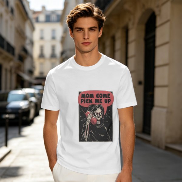 Olive Graphic T-Shirt With Grim Reaper 'Mom Come Pick Me Up' Print