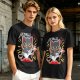 Olive green graphic t-shirt with a cartoon metal cat playing guitar