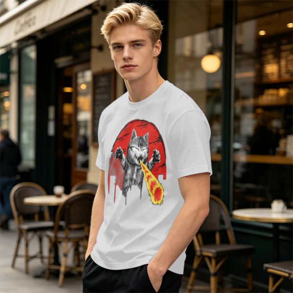 Olive T-Shirt With Laser Beam Shooting Cat Graphic