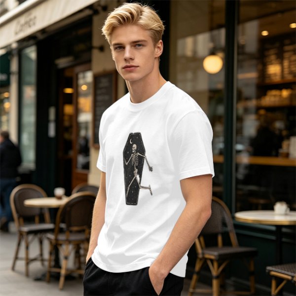Olive t-shirt with skeleton running from starry coffin graphic