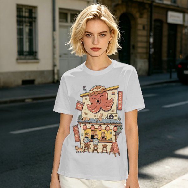 Olive T-Shirt with Octopus Takoyaki Shop Cat Art Print