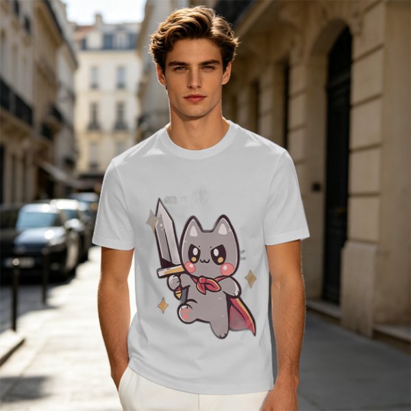 Olive T-shirt with cute warrior cat holding a sword graphic