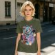Olive T-Shirt With Maneki-Neko Sabertooth Cat And Crow Art