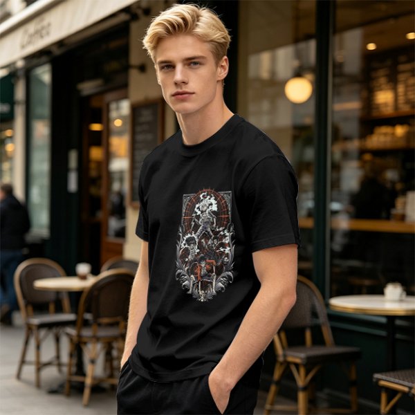 Olive T-shirt with Gothic Anime Character Group Graphic Print