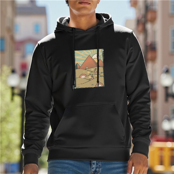 Black Hoodie With Retro Mountain And Sun Landscape Print
