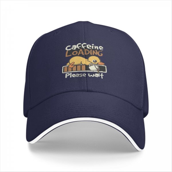 Black baseball cap with caffeine loading duck graphic