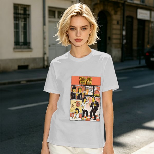 Olive green t-shirt with Yellow Fiction Simpson-style Pulp Fiction dance print