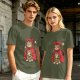 Olive T-shirt with a tabby cat in a devil hood and skull cat graphic