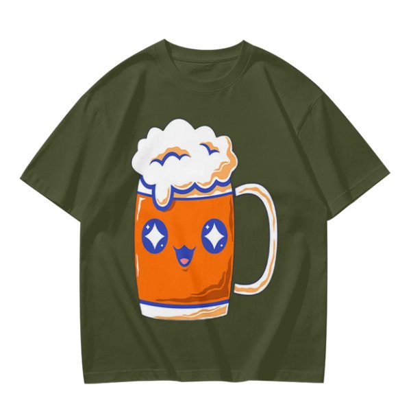 Olive T-Shirt With Cute Kawaii Beer Mug Graphic