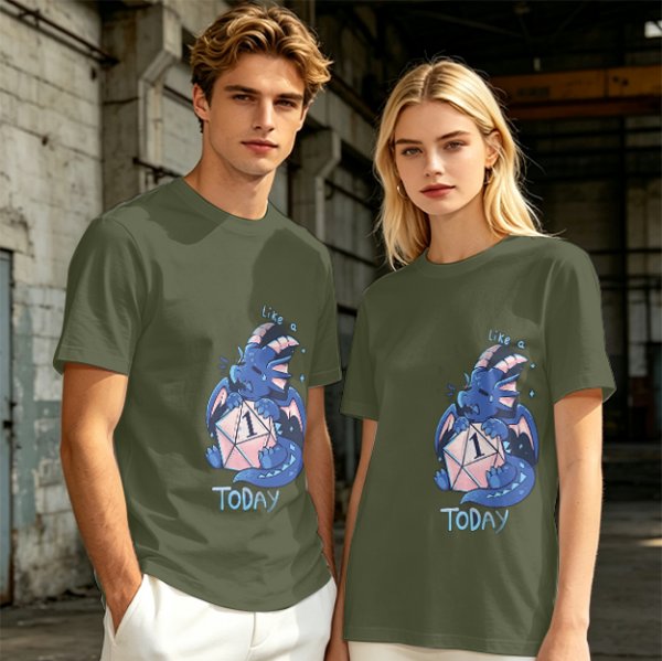 Olive T-Shirt With Sad Dragon Holding D20 Natural 1 'Like A Today' Print