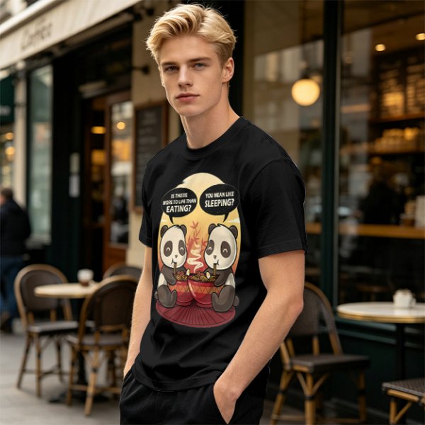 Olive t-shirt with pandas debating life beyond eating and sleeping