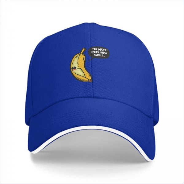 Black baseball cap with sad banana graphic reading I'm not peeling well