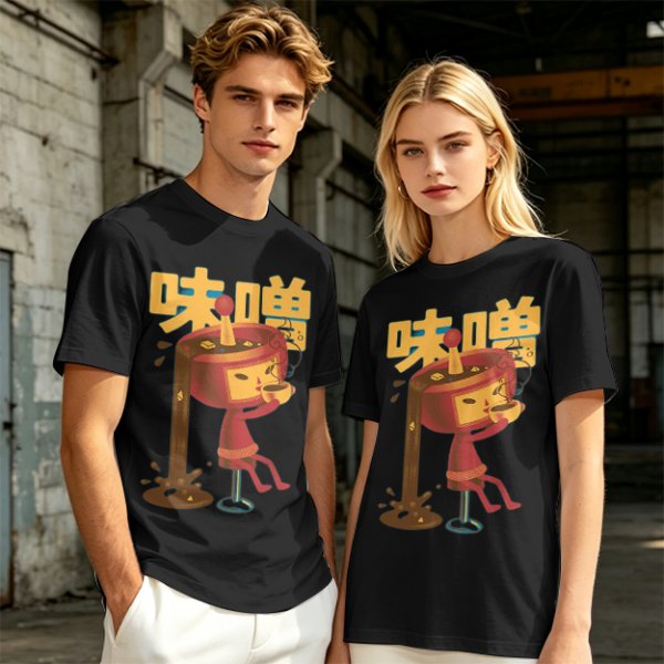 Olive green t-shirt with whimsical miso character graphic print