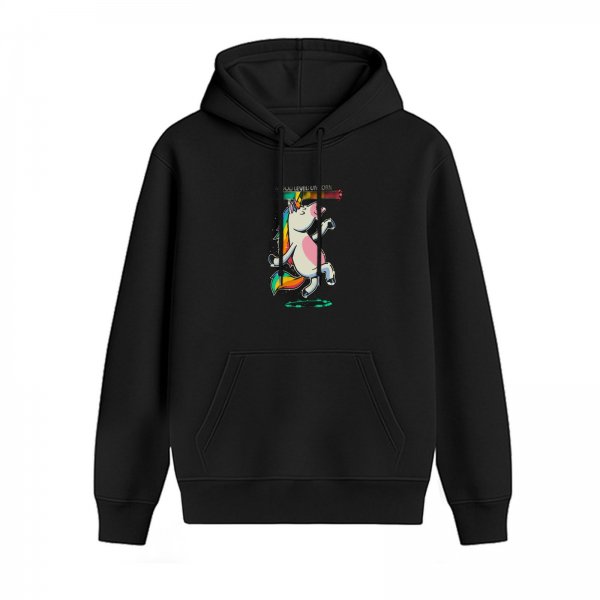 Black Hoodie with Dancing Rainbow Unicorn Graphic