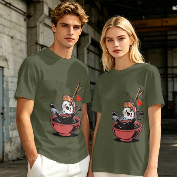 Olive T-shirt with Cute Sushi Dipping in Soy Sauce Graphic