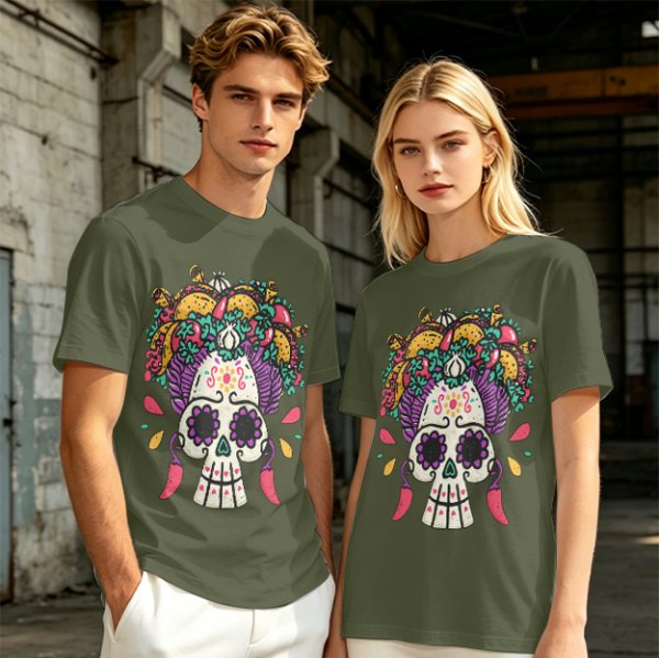 Olive T-Shirt with Day of the Dead Sugar Skull and Taco Food Art